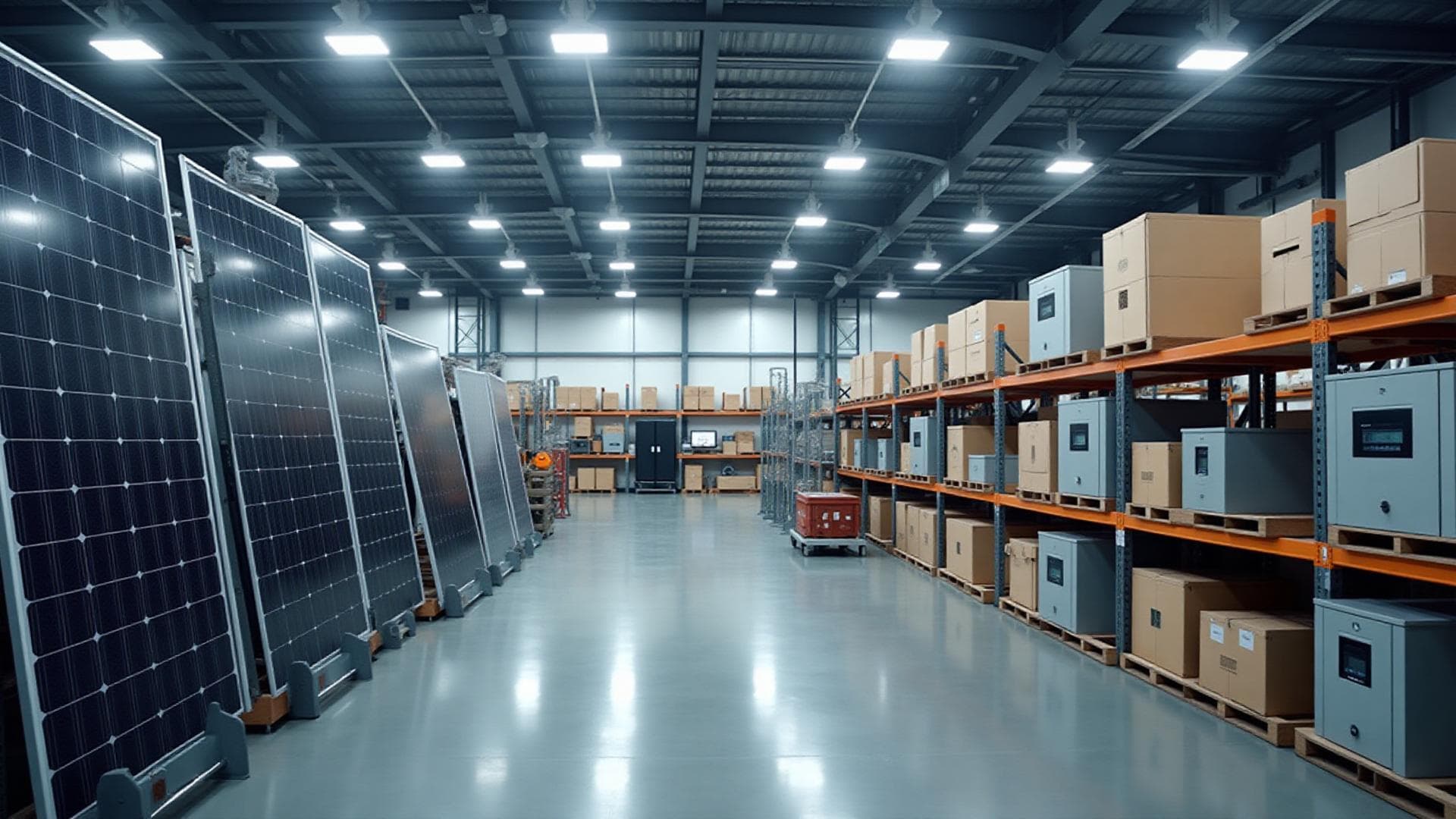 Solar equipment warehouse with organized panels and components