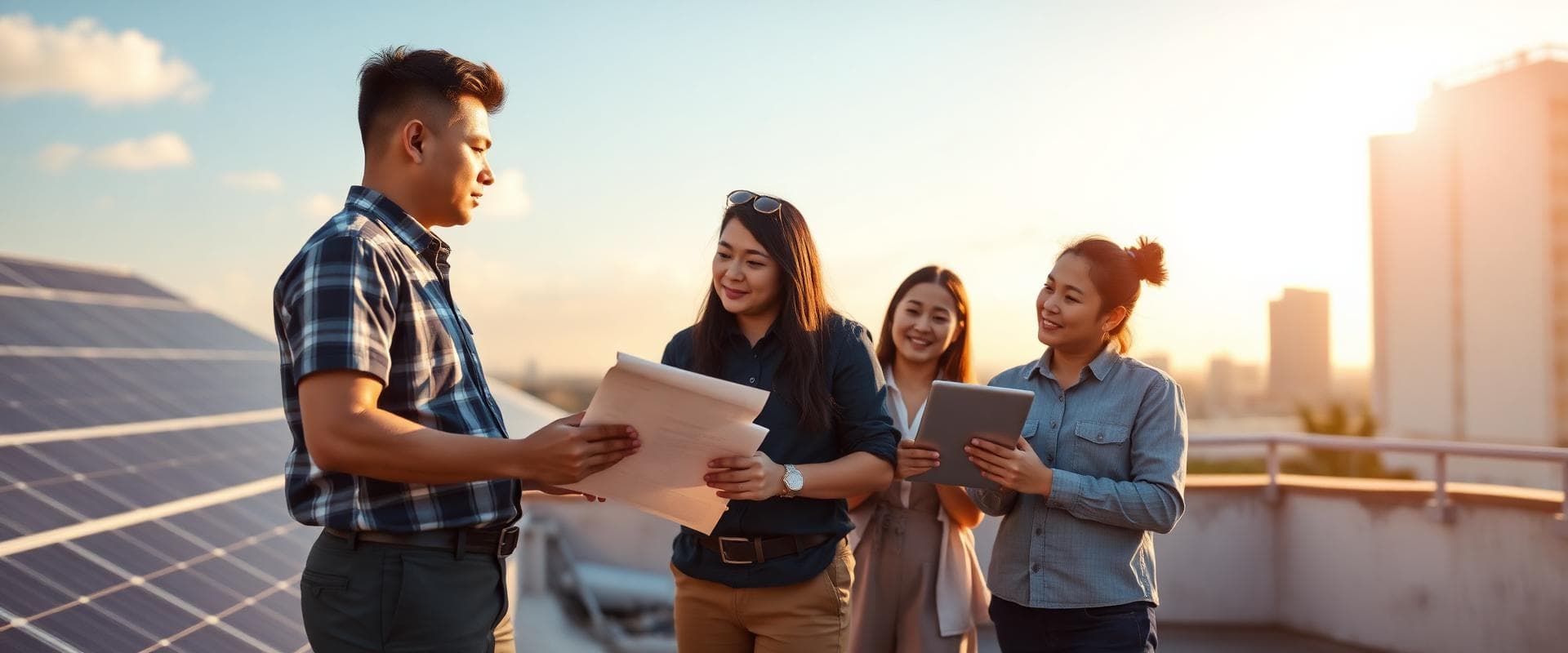 Filipino solar team collaborating on rooftop solar project, professional careers scene